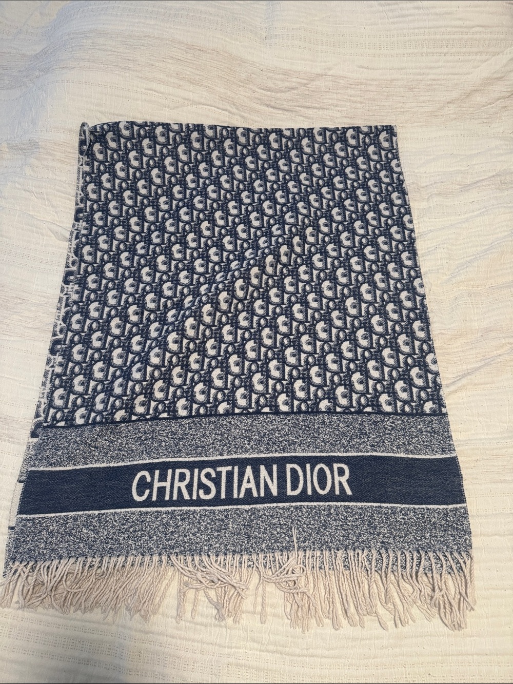 Dior Navy & Cream Logo Fringe Shawl